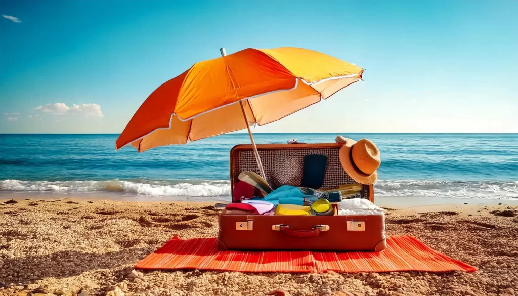 Imagem na praia com uma mala semi aberta ao centro com diversas coisas dentro dela, é possivel ver um guarda sol saindo da mala.