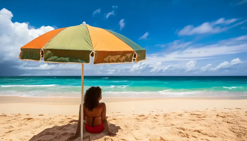 imagem de uma pessoa na praia sentada na areia e olhando o mar embaixo de um guarda-sol.